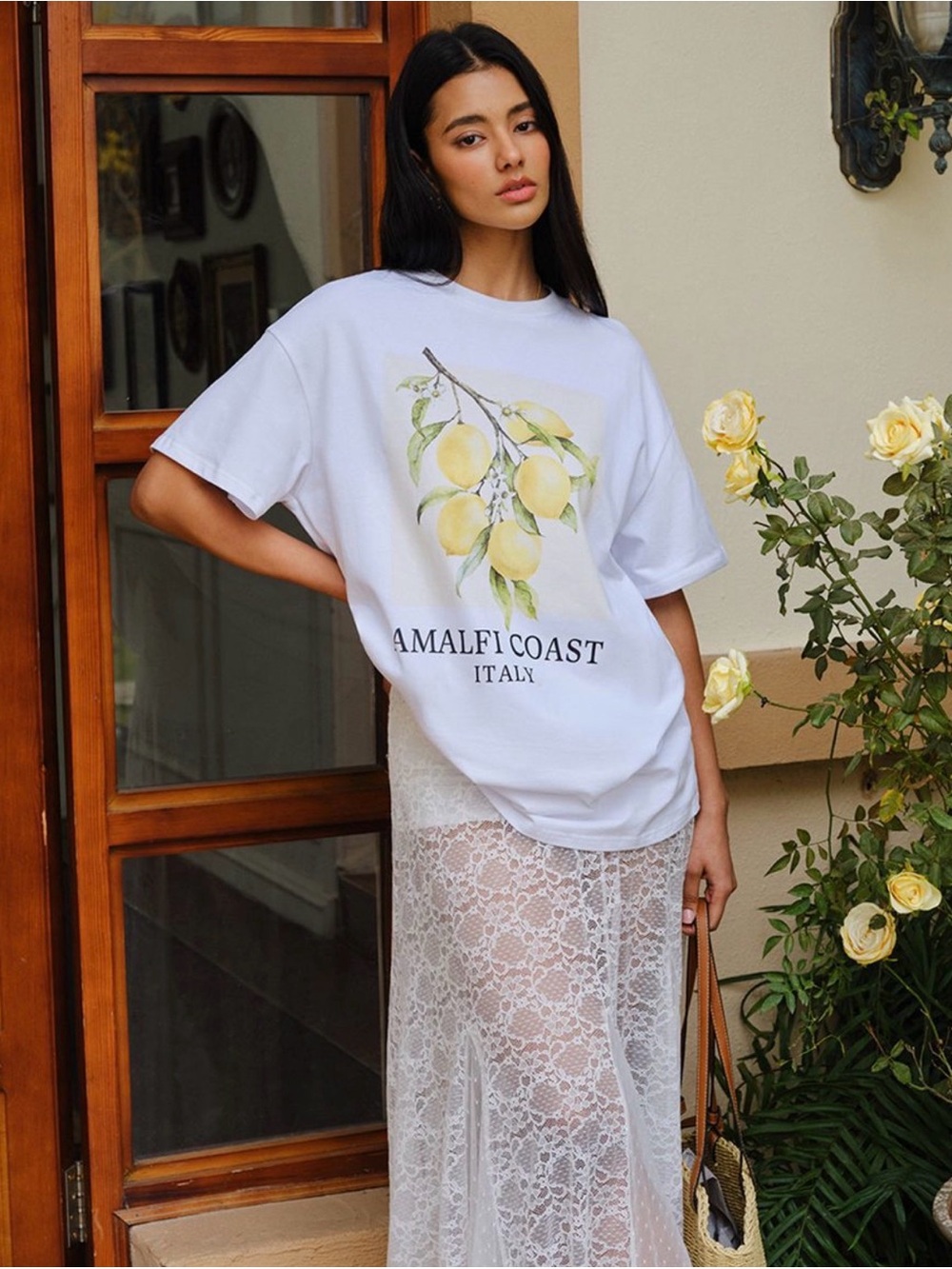 Amalfi Coast Italy White T-Shirt with Lemon Graphic